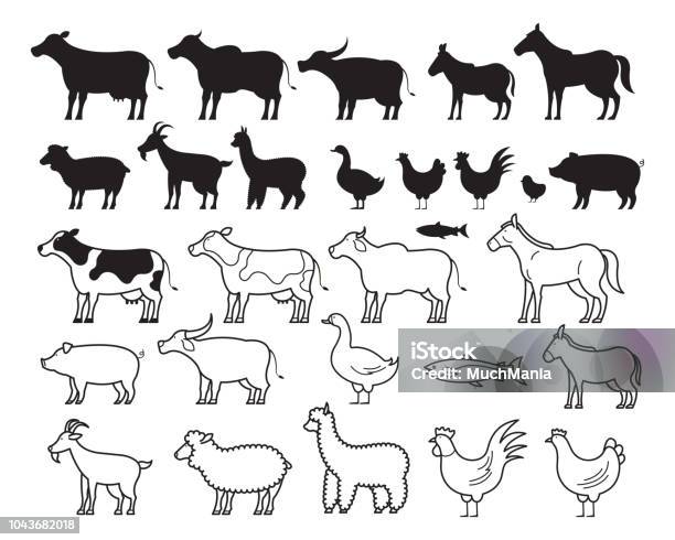 Farm Animals Silhouette And Line Set Stock Illustration - Download Image Now - Icon Symbol, Outline, Goat