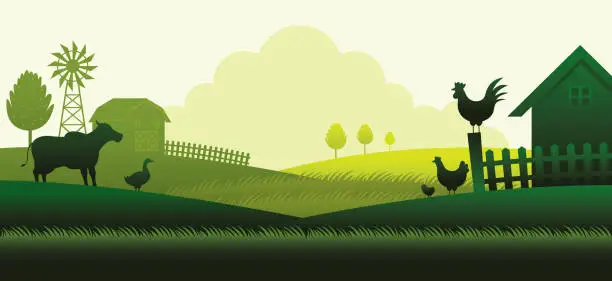 Vector illustration of Farm with Animals Silhouette Background
