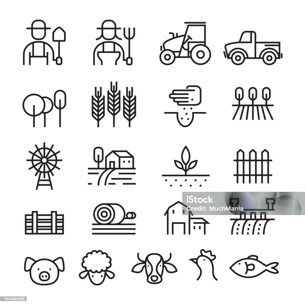 Farm and Agriculture Line Icons Set Farmers, Plantation, Gardening, Animals, Objects Icon Symbol stock vector