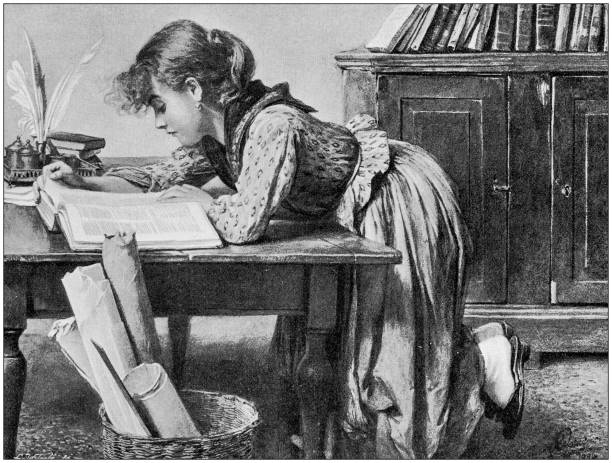 illustrations, cliparts, dessins animés et icônes de antique illustration peinture : femme lisant - history women victorian style one person