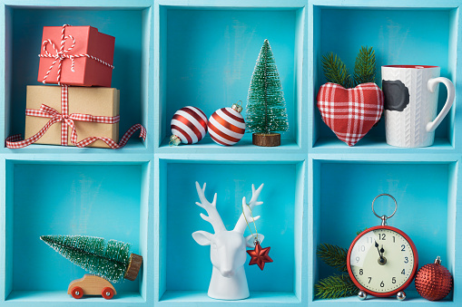 Christmas holiday composition with gift boxes, pine tree and decorations