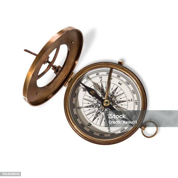 Vitage Brass Compass With Sundial Stock Photo - Download Image Now - Navigational Compass, Cut Out, White Background