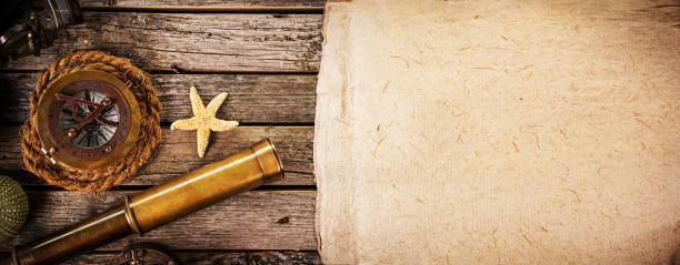 istock Old vintage navigation equipment with blank paper on wooden table. 1043698632