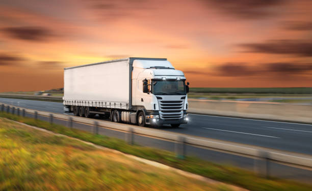 istock Truck with container on road, cargo transportation concept. 1043698874