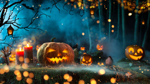 istock Halloween pumpkins on dark spooky forest. 1043699116