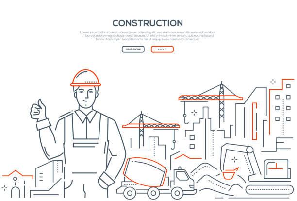 건설-화려한 라인 디자인 스타일 웹 배너 - 건설업자 일러스트 stock illustrations