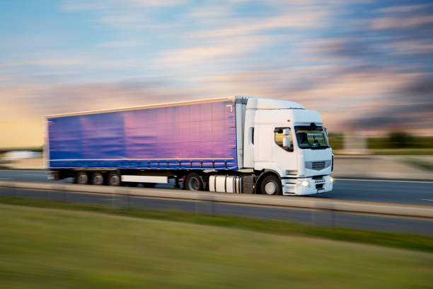 istock Truck with container on road, cargo transportation concept. 1043700252