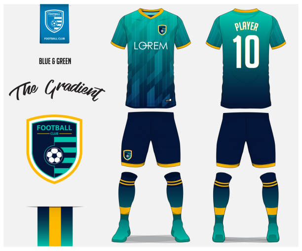 ilustraciones, imágenes clip art, dibujos animados e iconos de stock de fútbol jersey fútbol kit plantilla o para club de fútbol. camiseta de fútbol gradiente azul y verde con azul y calcetines cortos imitan para arriba. frente y parte posterior vista uniforme del fútbol. diseño de la insignia del fútbol. vector. - traje deportivo