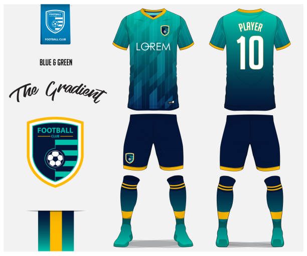 ilustrações de stock, clip art, desenhos animados e ícones de soccer jersey or football kit template for football club. blue and green gradient football shirt with sock and blue shorts mock up. front and back view soccer uniform. football logo design. vector. - soccer sports uniform soccer uniform jersey