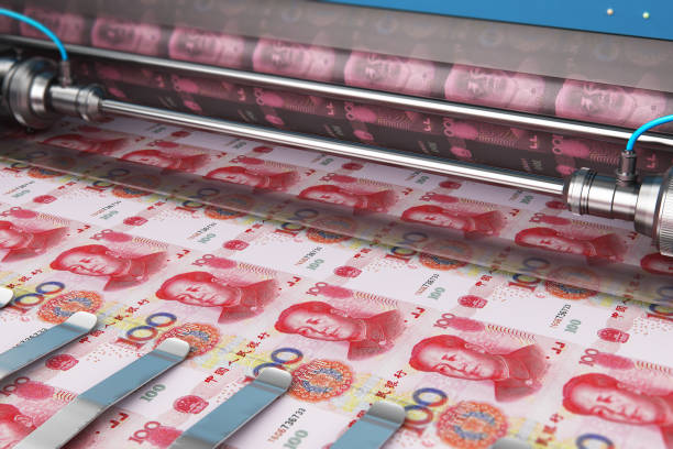 Printing 100 Chinese yuan money banknotes stock photo