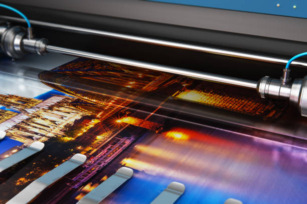Printing photo banner on large format color plotter 3D render illustration of printing photo banner on large format color plotter in typography or print house printshop printout stock pictures, royalty-free photos & images
