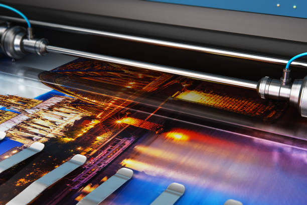 Printing photo banner on large format color plotter 3D render illustration of printing photo banner on large format color plotter in typography or print house printshop digital printing house stock pictures, royalty-free photos & images