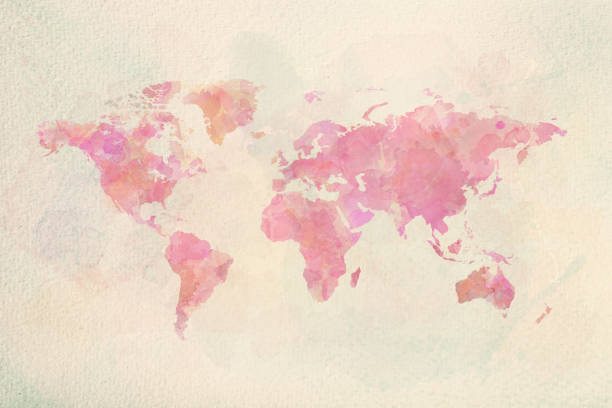 акварель винтажная карта мира в розовых цветах - европа континент фотографии стоковые фото и изображения