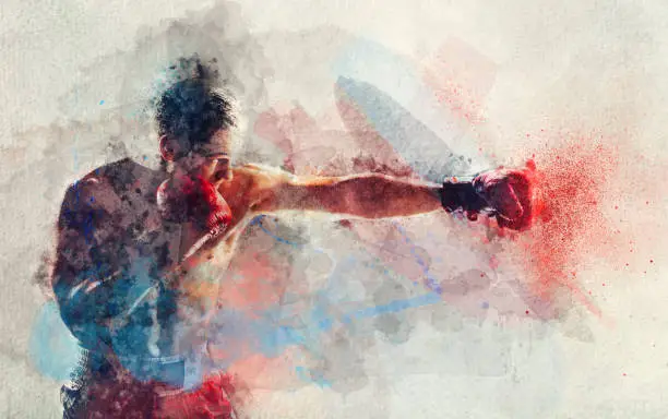 Watercolor painting of boxer striking a blow. Professional sport. Fighting.