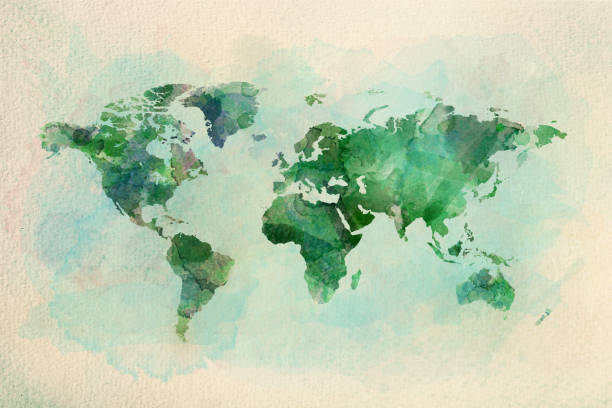 watercolor vintage world map in green colors - world atlas imagens e fotografias de stock