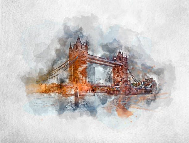 Watercolor painting of Tower Bridge in London Watercolor painting of Tower Bridge in London, the UK. Drawbridge opening. opening bridge stock pictures, royalty-free photos & images