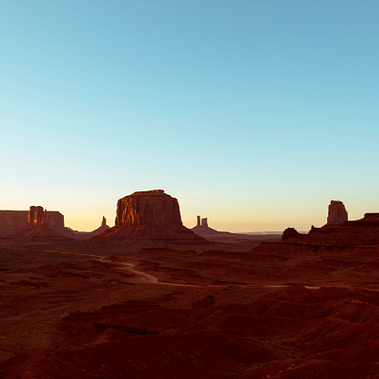 The majestic landscape at John Ford's Point in Monument Valley Navajo Tribal Park at sunset in Arizona, USA.