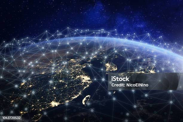 Asian Telecommunication Network Connected Over Asia China Japan Korea Hong Kong Concept About Internet And Global Communication Technology For Finance Blockchain Or Iot Elements From Nasa Stock Photo - Download Image Now