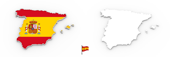 High detailed white silhouette of Spain map and national flag