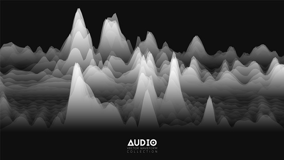 Vector 3d echo audio wavefrom spectrum. Abstract music waves oscillation graph. Futuristic sound wave visualization. Black and white glowing impulse pattern. Synthetic music technology sample
