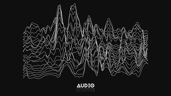 Vector echo audio wavefrom spectrum. Abstract music waves oscillation graph. Futuristic sound wave visualization. Black and white line impulse pattern. Synthetic music technology sample