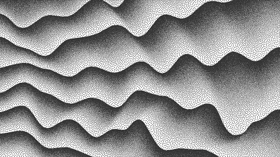 3D Abstract Vector Smooth Liquid Curved Lines Retro Style Dotwork Background. Hand Made Dotted Stippling Engraving Texture