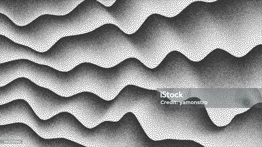 Vector Smooth Lines Dotwork Background 3D Abstract Vector Smooth Liquid Curved Lines Retro Style Dotwork Background. Hand Made Dotted Stippling Engraving Texture Pattern stock vector