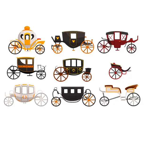 Vector illustration of Retro carriages set, vintage transport, brougham, cab, wagon for traveling, wedding carriage vector Illustrations on a white background