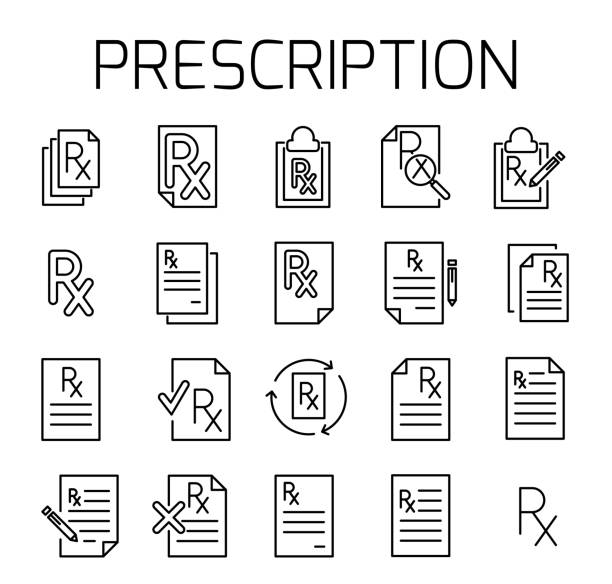 Prescription related vector icon set. Prescription related vector icon set. Well-crafted sign in thin line style with editable stroke. Vector symbols isolated on a white background. Simple pictograms. rx stock illustrations