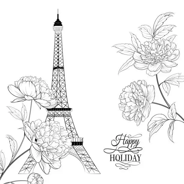 Vector illustration of Wedding invitation card template. Eiffel tower simbol with spring blooming flowers over white with sign Happy holiday.