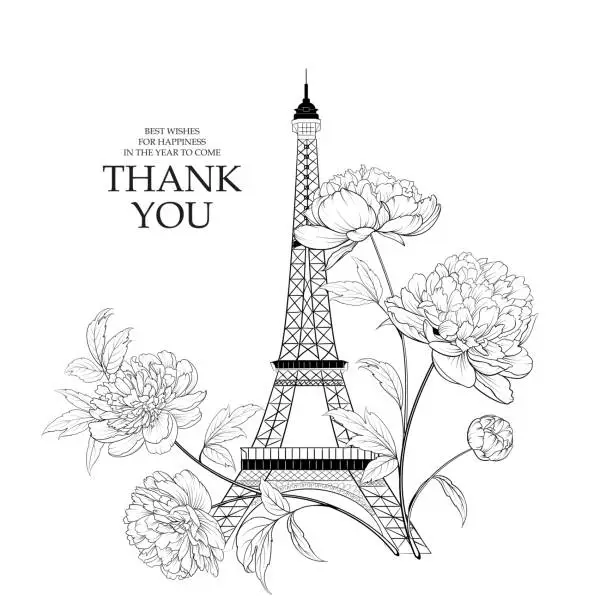 Vector illustration of Wedding invitation card template. Eiffel tower simbol with spring blooming flowers over white with sign Thank you.