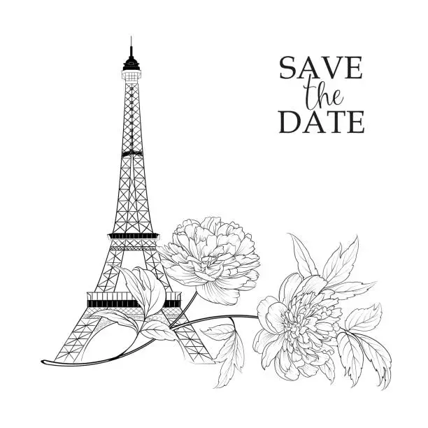 Vector illustration of The marriage card. Wedding invitation card template. Eiffel tower simbol with spring blooming flowers over white with sign save the date.