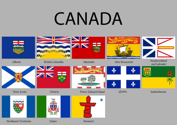 ilustraciones, imágenes clip art, dibujos animados e iconos de stock de todas las provincias de banderas de canadá. - saskatchewan province canada flag