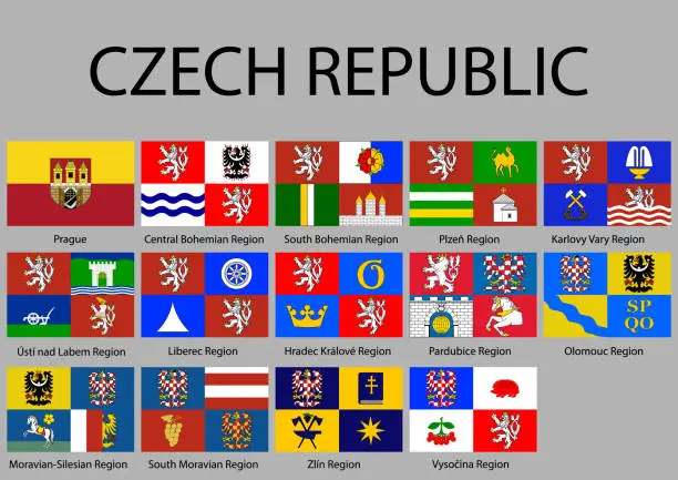 Vector illustration of all Flags of regions Caech Republic