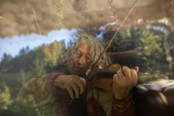 istock Old man with long hair playing violin 1043738334