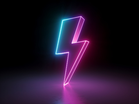 3d render, lightning, electric power symbol, retro neon glowing sign isolated on black background, ultraviolet light, electricity, electric lamp, adult sex icon, fluorescent element