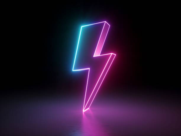 3d render, lightning, electric power symbol, retro neon glowing sign isolated on black background, ultraviolet light, electricity, electric lamp, adult sex icon, fluorescent element - light electricity abstract energy imagens e fotografias de stock