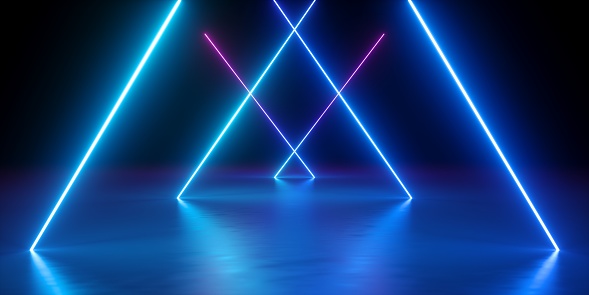 3d render, neon lights, abstract background, glowing lines, virtual reality, blue triangular arch, ultraviolet, infrared, spectrum vibrant colors, laser show