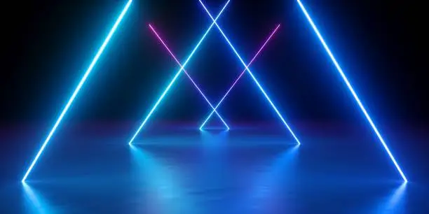 3d render, neon lights, abstract background, glowing lines, virtual reality, blue triangular arch, ultraviolet, infrared, spectrum vibrant colors, laser show
