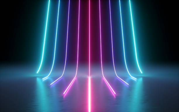 rendering 3d, sfondo minimo astratto, linee incandescenti, cyber, grafico, luci al neon blu rosa, spettro ultravioletto, spettacolo laser - led pattern in a row blue foto e immagini stock