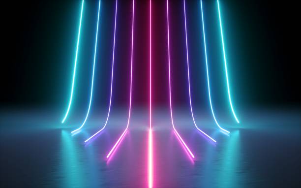 istock 3d render, abstract minimal background, glowing lines, cyber, chart, pink blue neon lights, ultraviolet spectrum, laser show 1043738824