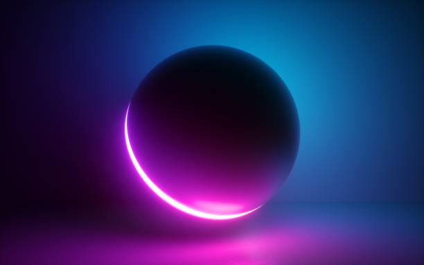 render 3d, brillante esfera, luz de neón, espacio en blanco, bola disco azul rosa, burbuja, globo, antecedentes mínimos, conexiones de red, espectáculo de láser - eclipse espacio fotografías e imágenes de stock