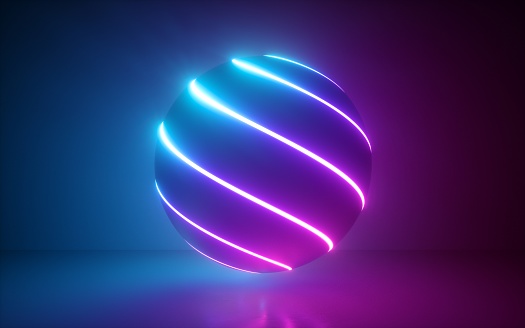 3d render, glowing sphere, ultraviolet neon light, pink blue disco ball, bubble, balloon, abstract minimal background, network connections, laser show