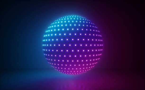 3d render, glowing sphere, ultraviolet neon light, pink blue disco ball, abstract minimal background, network connections, laser show