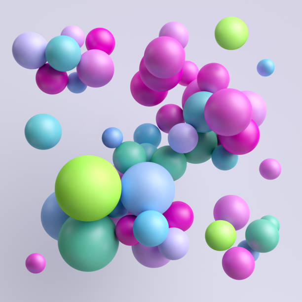 3d render, abstract colorful balls, pink blue green pastel balloons, geometric background, multicolored primitive shapes, minimalistic design, party decoration, plastic toys, isolated elements - balão enfeite imagens e fotografias de stock