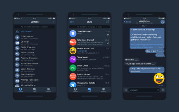 Messaging App Vector Mockup Messaging App UI and UX Concept Realistic Vector Mockup in Minimalist Dark Blue Night Flat Theme on Smart Phone Screen. Social Network Design Template phone text message mockup stock illustrations