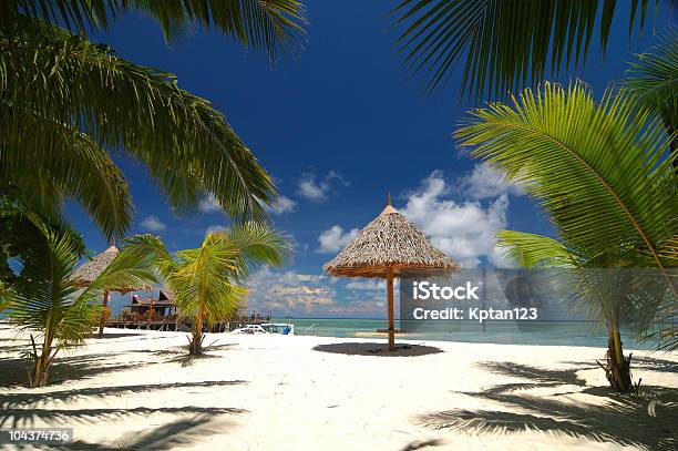 Tropical Beach Resort Con Bambú Hut Y Árboles De Coco Foto de stock y más banco de imágenes de Aire libre