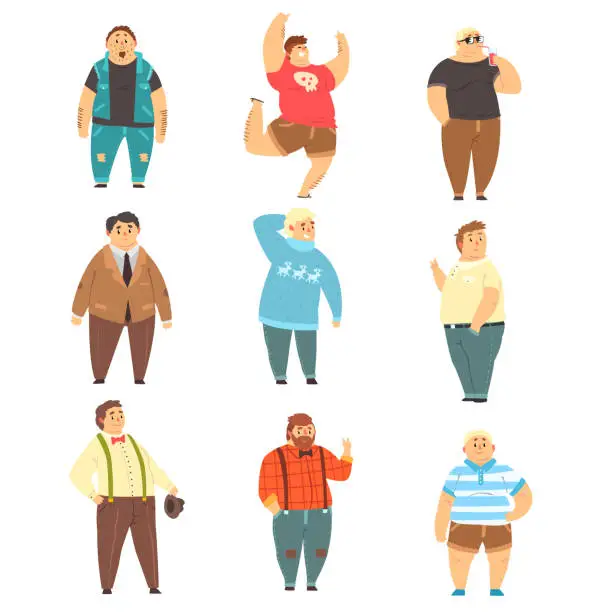 Vector illustration of Handsome overweight men set, fat guys in fashionable clothes, body positive vector Illustrations on a white background