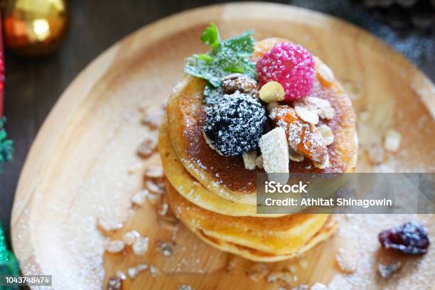 Topview Pancake Topping With Berries And Nut Holiday Party Dessert Stock Photo - Download Image Now