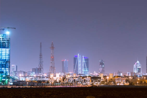 RIYADH, SAUDI ARABIA - OCTOBER 15, 2015: Outside distance skyline view on Riyadh business skyscrapers at night, part of full panorama